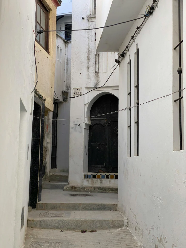 Explore a serene, narrow alleyway with historic whitewashed buildings and an ornate archway door.